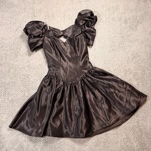 Vintage Black 80s Style Puff Sleeve Mini Drop Waist Retro Dress Pearl Back